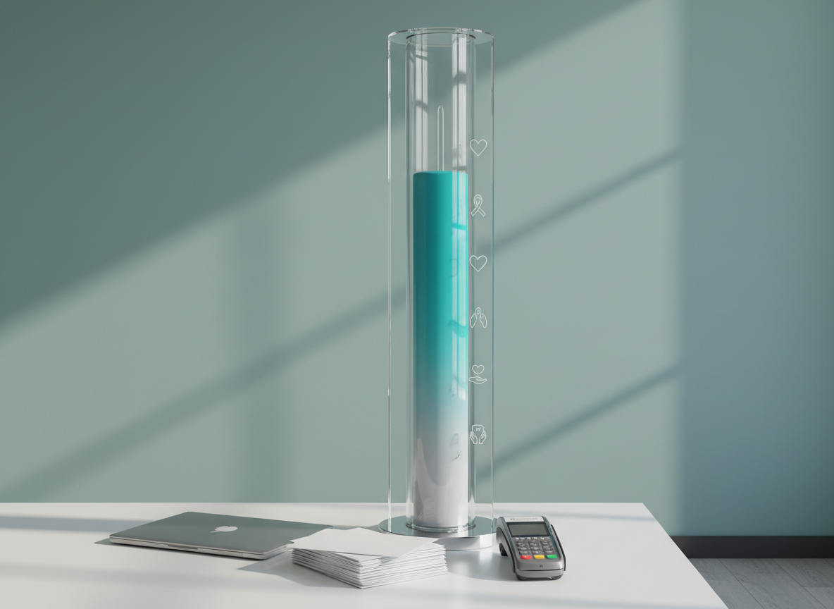 A sleek, modern fundraising thermometer display made of clear acrylic stands against a muted teal wall, with a smooth gradient of color rising inside it from soft gray at the base to vibrant turquoise near the top. Instead of numbers, small minimalist icons—like hearts, ribbons, and abstract support hands—are etched along the side. The base is surrounded by neat stacks of donation envelopes, a closed laptop, and a discreet contactless card reader. Overhead office lighting combined with soft side daylight produces gentle reflections on the acrylic surface and crisp, professional shadows. Captured from a three-quarter angle with sharp focus throughout, the composition feels organized and optimistic, highlighting the progress of fundraising efforts for invisible illness advocacy in a clean, photographic nonprofit style.