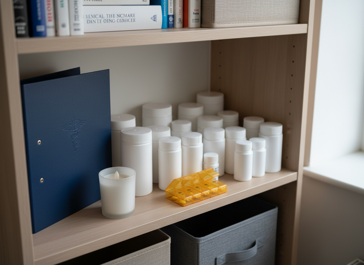 A cluster of simple, unmarked prescription bottles and amber pill organizers sits neatly on a pale birch wood shelf, alongside a closed navy-blue binder labeled only with a subtle embossed medical caduceus symbol. Next to them, a small, unflickering electric candle in a frosted holder casts a gentle warm glow against the cool daylight entering from a nearby window. The shelves around are sparsely populated with medical reference books and neutral storage boxes, slightly out of focus. Shot from a slightly elevated angle with a balanced composition, the image emphasizes organization and dignity. The mood is respectful, sober, and supportive, rendered in photographic realism to represent ongoing, often unseen treatment management for invisible illnesses.