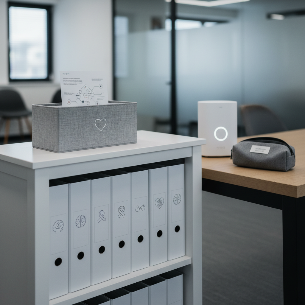 A serene, small resource nook featuring a low white bookcase filled with neatly arranged binders labeled with subtle icons for mental health, chronic pain, and neurological conditions instead of words. On top, a soft gray fabric-covered box with a simple heart symbol holds folded information cards, one partially pulled out to reveal abstract, non-textual diagrams. A nearby tabletop white noise machine and a small, non-descript medical device pouch rest on a pale oak surface. Cool, diffused window light washes over the scene, reducing harsh contrast and creating a peaceful atmosphere. Shot at a slight angle using the rule of thirds, with the background of a modern office corridor gently blurred, the photographic realism conveys quiet accessibility and structured support for those living with invisible disabilities.