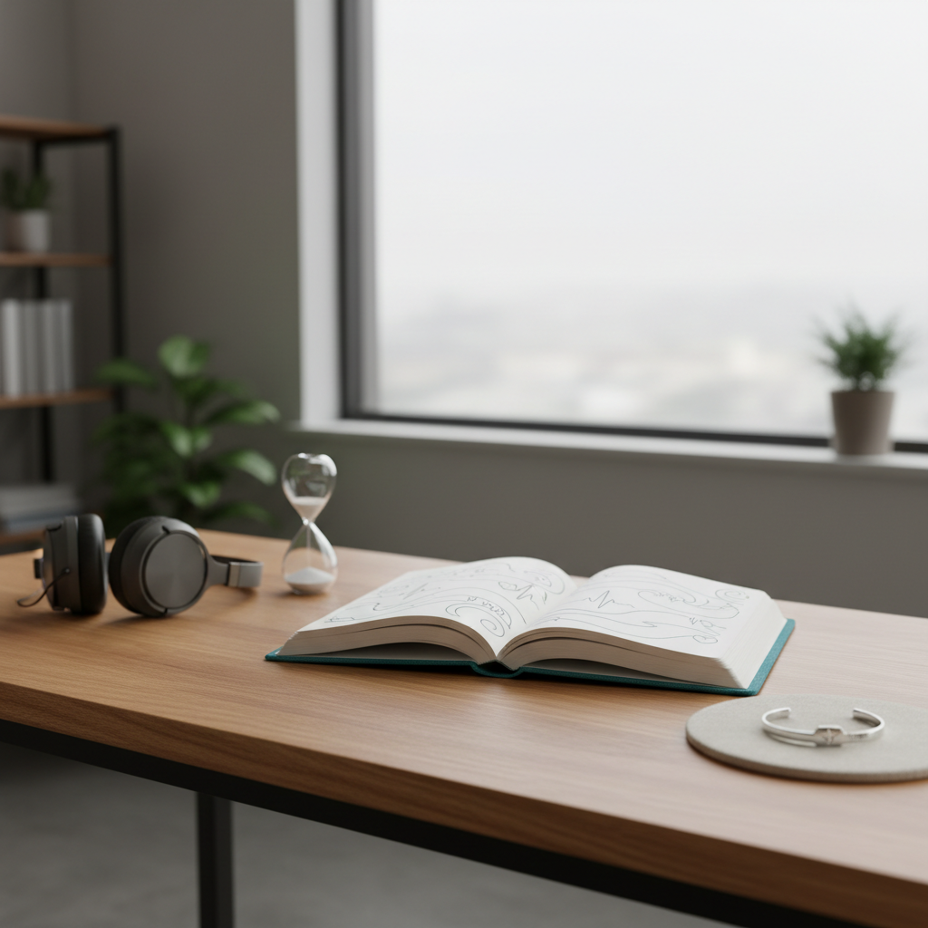 A neatly organized wooden desk featuring an open teal fabric-covered journal at the center, its pages filled with soft, abstract line illustrations suggesting waves and gentle heartbeats rather than words. Surrounding the journal are carefully arranged symbolic objects: a pair of noise-cancelling headphones, a small sand timer, and a discreet medical bracelet resting on a linen coaster. The scene is set beside a large window, with diffused overcast daylight casting calm, even illumination and subtle shadows. Shot at eye level with a shallow depth of field, the background fades into a softly blurred modern office space. The mood is professional yet comforting, conveying invisible struggles through symbolic items in clean, photographic realism suited for a nonprofit advocacy homepage.