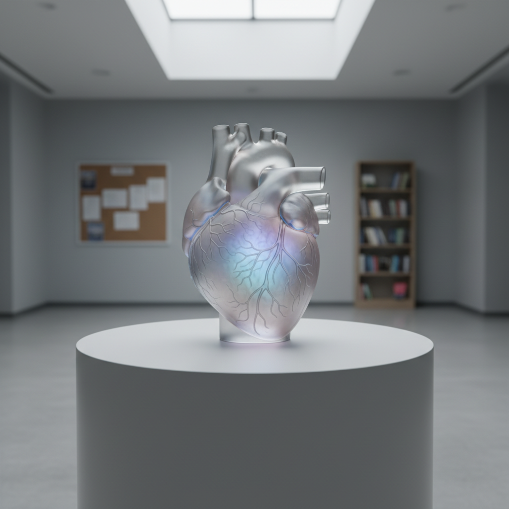 A translucent, frosted-glass heart sculpture with delicate etched lines resembling neural pathways and blood vessels stands on a matte white pedestal table. Inside the glass, faint gradients of soft blues and purples seem to glow subtly, implying inner complexity. The sculpture is placed in a minimalist, modern lobby with pale gray walls, a blurred bulletin board, and a distant bookshelf in the background. Gentle, diffused natural light from an unseen skylight above creates soft highlights along the glass edges and faint reflections on the table surface. Captured with a centered, eye-level composition and moderate depth of field, the atmosphere feels calm, professional, and reflective, visually representing invisible illness in a clean, photographic realism ideal for an informational nonprofit site.
