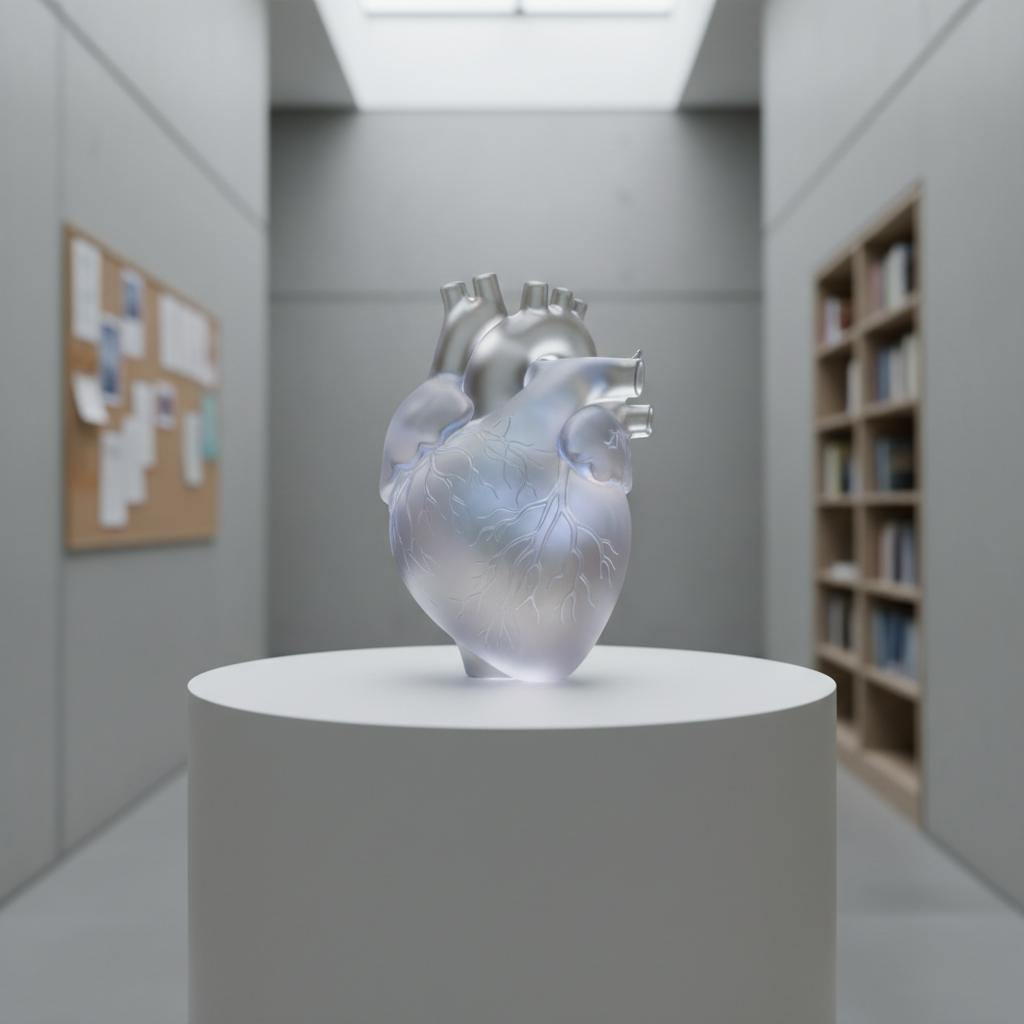 A translucent, frosted-glass heart sculpture with delicate etched lines resembling neural pathways and blood vessels stands on a matte white pedestal table. Inside the glass, faint gradients of soft blues and purples seem to glow subtly, implying inner complexity. The sculpture is placed in a minimalist, modern lobby with pale gray walls, a blurred bulletin board, and a distant bookshelf in the background. Gentle, diffused natural light from an unseen skylight above creates soft highlights along the glass edges and faint reflections on the table surface. Captured with a centered, eye-level composition and moderate depth of field, the atmosphere feels calm, professional, and reflective, visually representing invisible illness in a clean, photographic realism ideal for an informational nonprofit site.