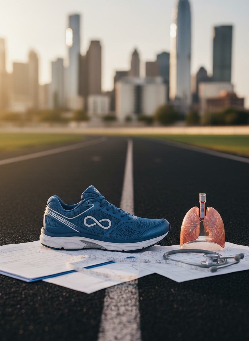 A polished, deep-blue running shoe with reflective silver accents and a subtle infinity symbol on the side, resting at the edge of a smooth, dark track that curves into a softly blurred city skyline. Around the shoe lie neatly arranged medical charts, a small transparent model of human lungs, and a delicate stethoscope coiled like a finish line ribbon. Late-afternoon natural light washes across the scene from the left, creating gentle highlights on the shoe’s mesh texture and soft shadows across the paper. Photographic realism, shot at eye level with a shallow depth of field, evokes a professional, determined mood that connects endurance sports with health equity and invisible illness advocacy.