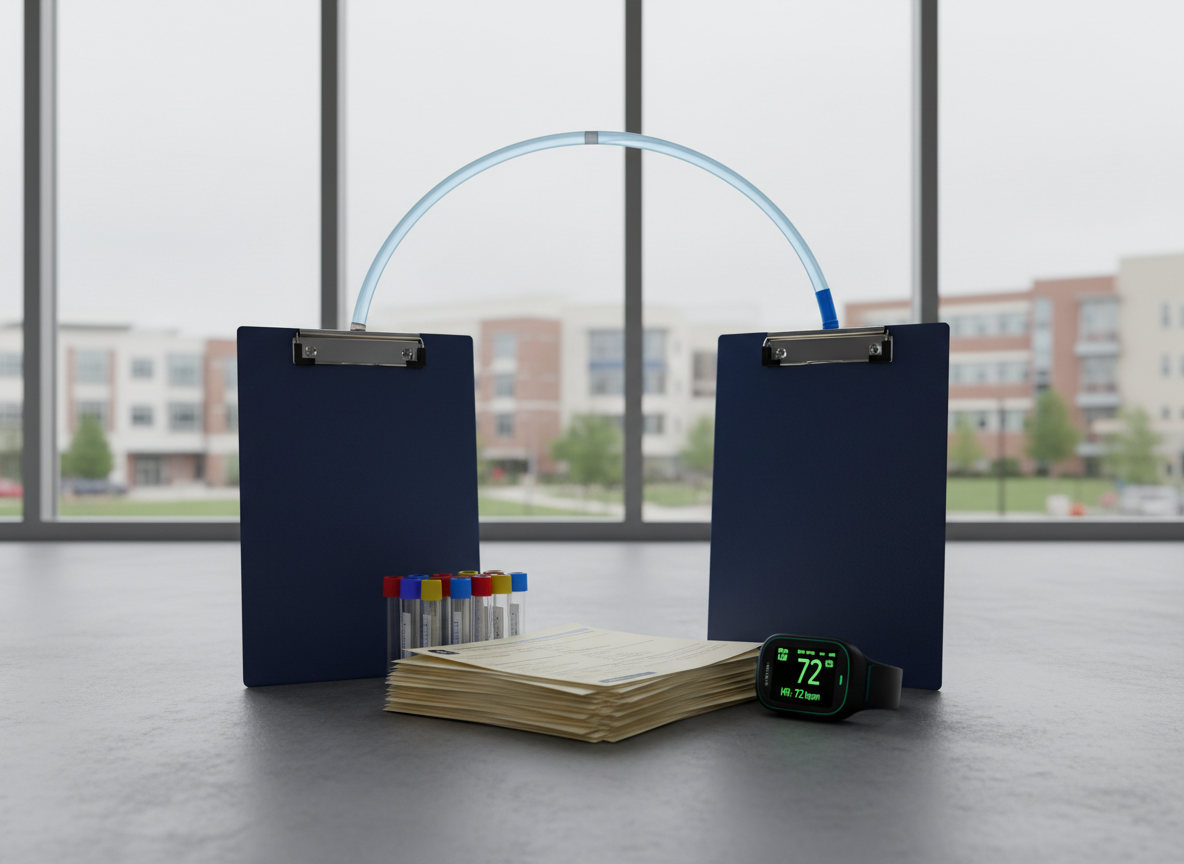 A sleek, navy-blue finish line arch constructed from two upright medical clipboards connected by a translucent arc of flexible tubing, standing on a smooth concrete surface. At the base sit color-coded lab test tubes, a neatly stacked pile of insurance forms, and a single digital wrist device displaying a stable heart rate. Beyond the arch, the track fades into an out-of-focus hospital campus, seen through large glass windows. Overcast, diffused daylight creates even, professional lighting with soft reflections on the glass and minimal harsh shadows. Photographic realism from a low, forward-facing angle gives the scene a sense of progress and momentum, symbolizing crossing barriers in healthcare access.