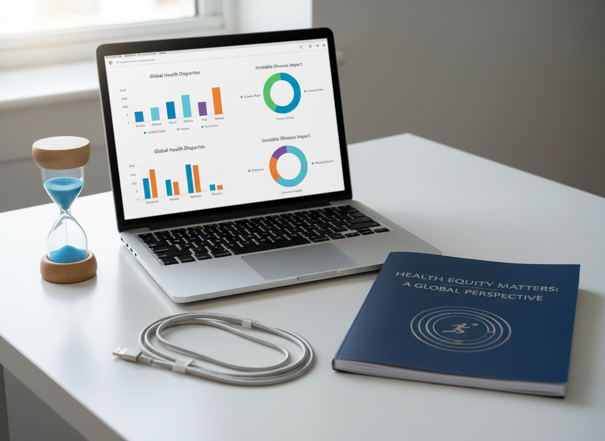 A close-up, photographic shot of a minimalist white desk where a slim, silver laptop displays a data dashboard with clean, colorful health equity charts. Beside it lies a neatly bound navy-blue research report embossed with a small running track icon, and a precisely coiled charging cable forming an oval track shape. A translucent hourglass filled with fine blue sand stands nearby, its grains halfway through. Morning daylight filters in from an unseen window, reflecting softly on the laptop’s metallic surface and giving the scene a crisp, focused brightness. Captured from a slightly elevated angle with a moderate depth of field, the composition exudes a professional, research-driven mood, connecting careful analysis with the urgency of time in addressing invisible illnesses and global health.