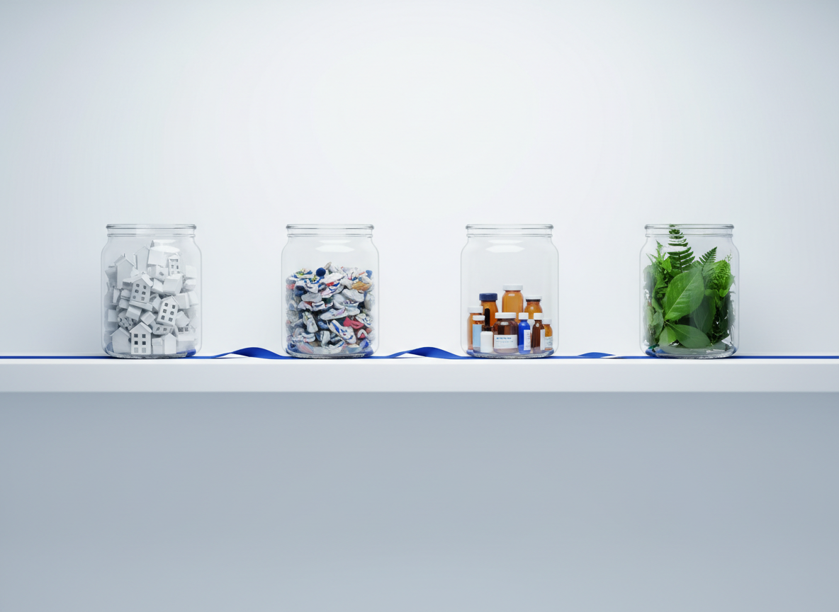 A row of four transparent glass jars aligned on a bright, clinical white shelf, each filled with different symbolic items: the first with miniature model houses, the second with tiny running shoes, the third with small medicine bottles, and the fourth with vivid green leaves. A narrow blue ribbon runs across the shelf, threading through each jar like a connecting pathway. Cool, even studio lighting from above casts precise, gentle shadows, highlighting the clarity of the glass and the colors inside. Captured straight-on with sharp focus and generous negative space around the shelf, the composition feels orderly, modern, and analytical, suggesting the intersection of home, movement, treatment, and environment in achieving health equity.