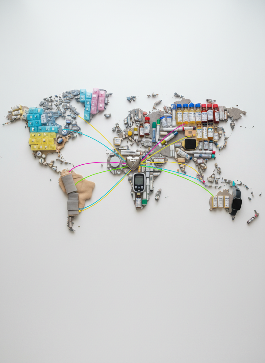 An aerial, photographic view of a world map crafted from varied medical and wellness objects: pastel pill organizers, fabric compression sleeves, glucose monitors, inhalers, and neatly labeled lab vials, all arranged on a clean, matte white table. Thin, bright-colored running tracks, painted with precise lines, weave across continents, intersecting near a small, gleaming metal heart-shaped charm placed where a global hub would be. Soft, diffused studio lighting minimizes shadows and gives everything a calm, professional clarity. The composition uses broad negative space around the map to emphasize global reach, with sharp focus throughout to highlight textures and details, creating a modern, data-driven atmosphere that underscores worldwide health equity.