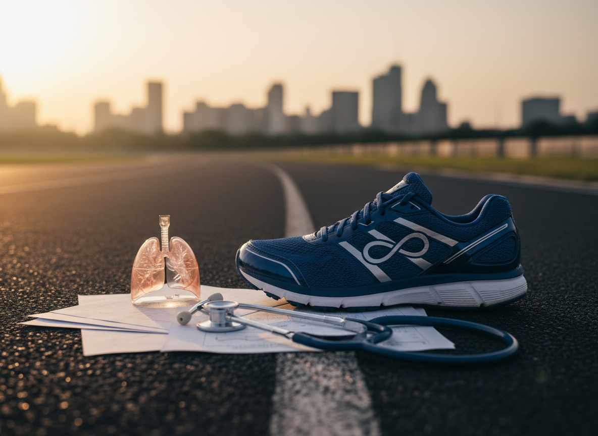 A polished, deep-blue running shoe with reflective silver accents and a subtle infinity symbol on the side, resting at the edge of a smooth, dark track that curves into a softly blurred city skyline. Around the shoe lie neatly arranged medical charts, a small transparent model of human lungs, and a delicate stethoscope coiled like a finish line ribbon. Late-afternoon natural light washes across the scene from the left, creating gentle highlights on the shoe’s mesh texture and soft shadows across the paper. Photographic realism, shot at eye level with a shallow depth of field, evokes a professional, determined mood that connects endurance sports with health equity and invisible illness advocacy.